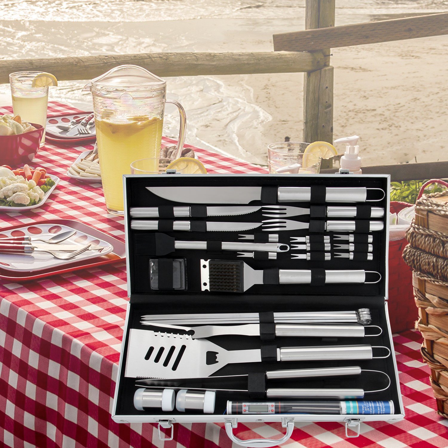 Camping Cooking Kit Box - Perangkat Alat BBQ dengan Kotak Aluminium