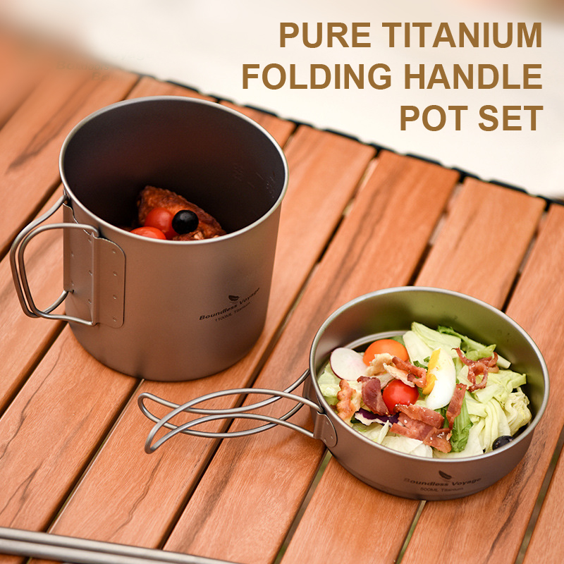 Camping Cooking Set Lightweight - Set Panci Gagang Lipat Titanium Murni,